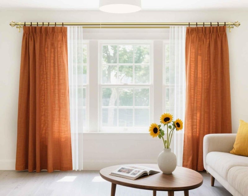 USFOOK 1 Inch Gold Double Curtain Rods 72 to 144 Inches (6 to 12 ft), Drapery Rods for Windows, Telescoping Dual Curtain Rod with Luxury Translucent Finials - Image 3